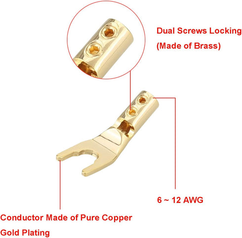HiFi Speaker Y Spade Connectors, Dual Screw Locking Speaker Cable Plug, Fork Spade Connectors with Allen Wrench, 4PCS