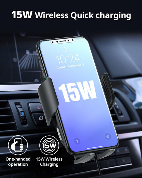 Wireless Car Charger with Phone Holder Mount, Fast Charging 15W Auto Clamping for Air Vent Accessories