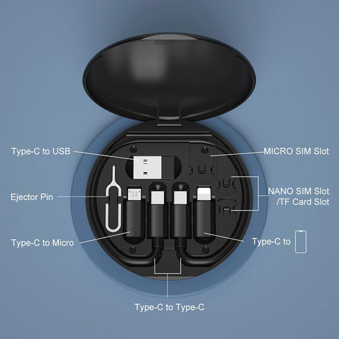 USB Adapter, Micro USB Charging Cable with USB C Lightning Adapter, Lightning to USB C Adapter, Multi Charging Cable Storage Box Contains SIM Card Holder