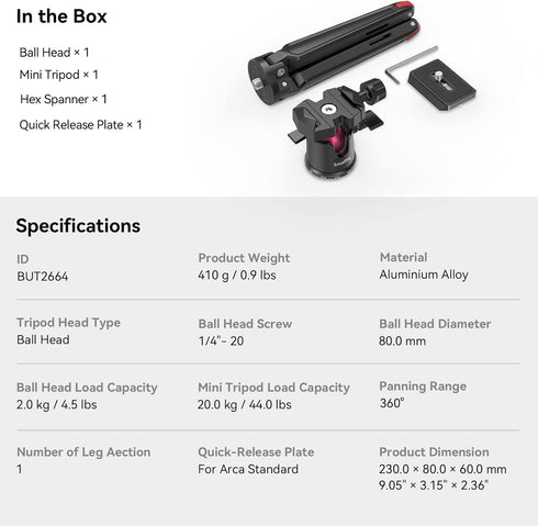 SmallRig Mini Tripod for Camera, Updated Desktop Tripod with Arca-Type Compatible QR Plate