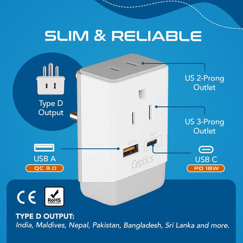 Ceptics US to India Plug Adapter, Type D QC 3.0 & PD, Safe USB Fast Charging for Pakistan Nepal Sri Lanka