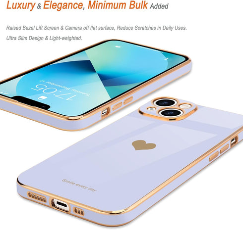 Teageo iPhone 13 Case for Girls Women, Cute Love-Heart Luxury Bling Plating Soft Back Cover - Purple
