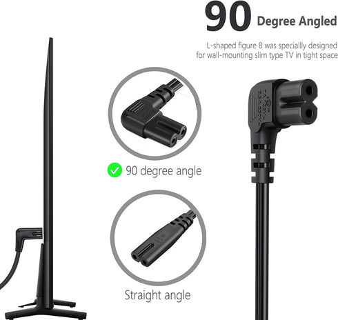 IJP 10FT 24" 32" 40" 43" 48" 49" 50" 55" 60" 65" 75", UN40 UN43 UN48 90 18AWG 2-Prong C7 Longer TV Power Cord