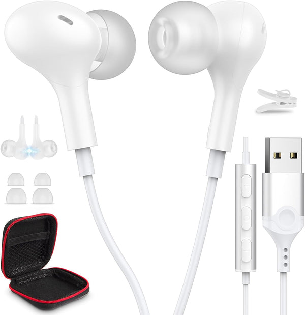 USB Headphone for PC Laptop, Magnetic Wired Earbuds with Microphone Control, Noise Canceling In-Ear Silicone Cap for