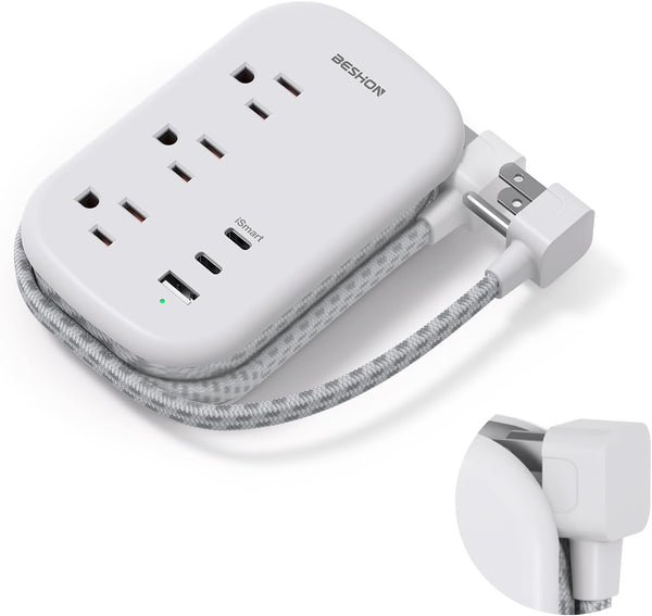 USB C Travel Power Strip - Ultra Flat Extension Cord with 3 Outlets and 3 USB Ports
