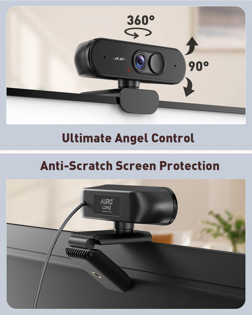 Aurolumiz 4K Webcam UHD with Autofocus Lens, Crystal Clear Microphone, Privacy Cover, Extendable Tripod, for PC,Laptop