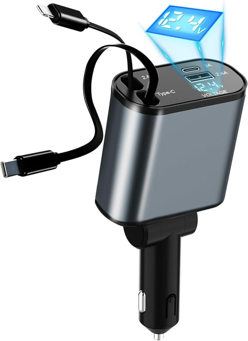 Retractable Car Charger, 60W Fast Charge with 1x Retractable Cable, 1x Type-C Cable, 2X USB Ports for iPhone Galaxy