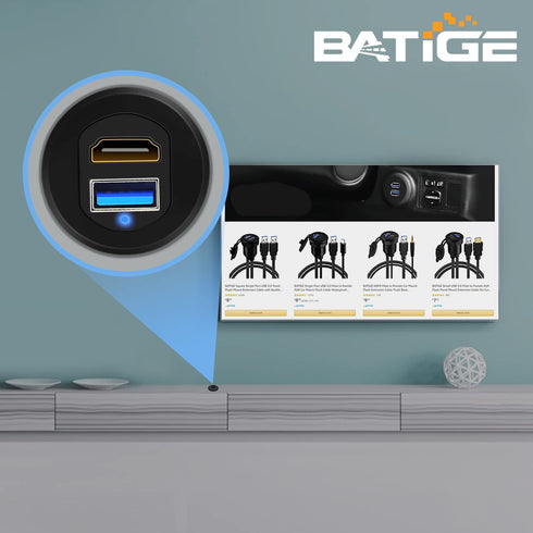 BATIGE USB 3.0 HDMI Car Mount Flush USB Port Cable, Alloy Shell Dash Panel Extension Cable with LED Indicator, 3ft