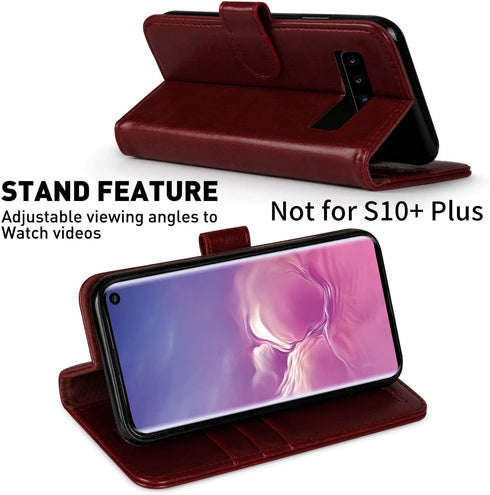 MONASAY Wallet Case for Galaxy S10, Burgundy Flip Folio Leather Cover with Screen Protector & RFID Blocking, 6.1 inch