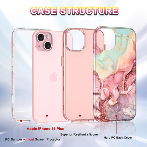 Btscase for iPhone 15 Plus Case 6.7 inch (2023), Marble Pattern 3 in 1 Heavy Duty Full Body Shockproof Hard PC+Soft Silicone Drop Protective Women Girls Cover for iPhone 15 Plus, Rose Gold