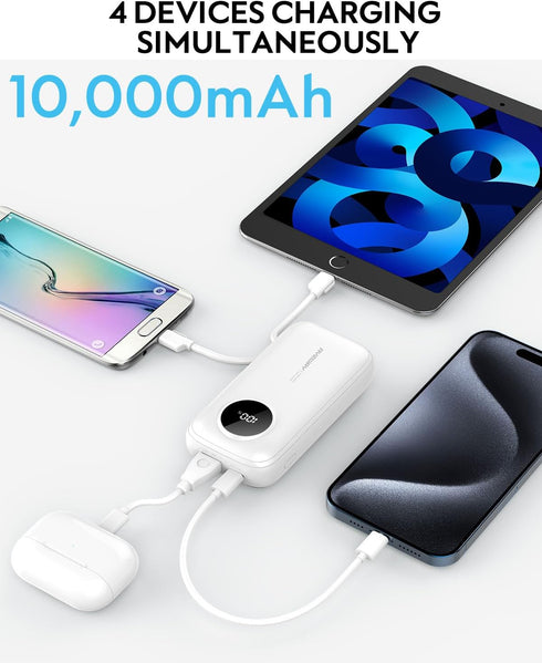 Ayeway Small Power Bank - 10,000mAh USB C Fast Charge Battery Pack with Built-in Cable, Lightweight External Backup