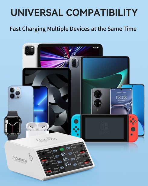 100W 8-Port Charging Station for Multiple Devices, 4 QC3.0 + 4 USB C PD Ports, Wireless Charger Hub