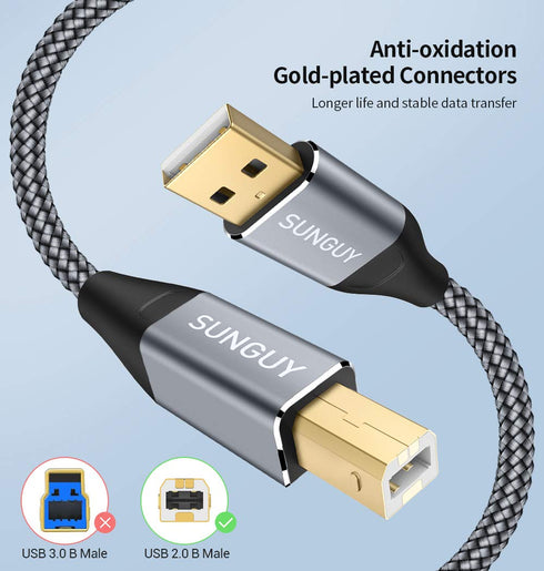 6.6FT 6.6ft SUNGUY USB Printer Cable USB A to B Printer Universal PC Cord Compatible for HP Brother Dell Epson