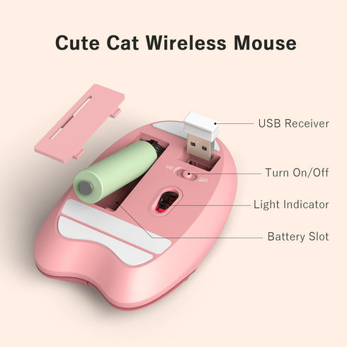 MOFII 2.4GHz Wireless Compact Silent Mouse with Cute Cat Designs, Plug and Play Wireless Opatical Mouse with USB Nano