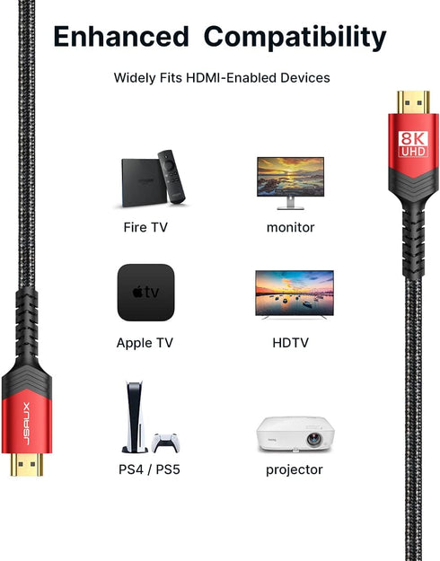 8K 2.1, 48Gbps (4K@144Hz, 4K@120Hz, 8K@60Hz) 2.2&2.3 10 2/PS5/Laptop/Monitor/HDTV/-Red,6ft JSAUX HDMI Cable Ultra High