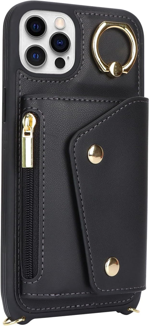 iPhone 12/12 Pro Case with Card Holder and Strap, Zipper Pocket, Crossbody Lanyard, Cute Wallet Case for Women (Black,