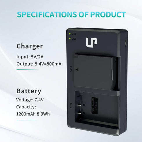 LP LP-E10 Battery Charger Pack, 2-Pack Battery & Dual Slot Charger for Canon EOS Rebel T7, T6, T5, T3