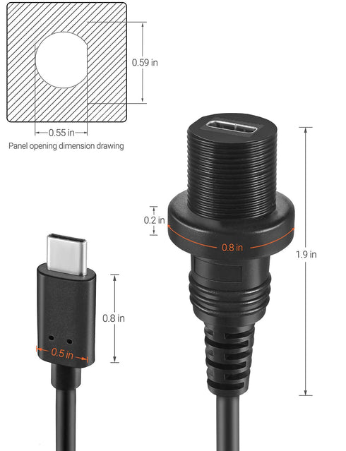 USB Type C 3.1 Male to Female Flush Mount Cable Waterproof Kit for Car Boat Motorcycle, 1 Feet 30 cm