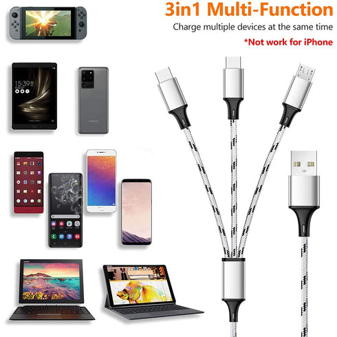 6ft Multi Charging Cable 2-Pack: 3-in-1 Braided USB Cable with Dual Type C & Micro USB for Cell Phones & Android