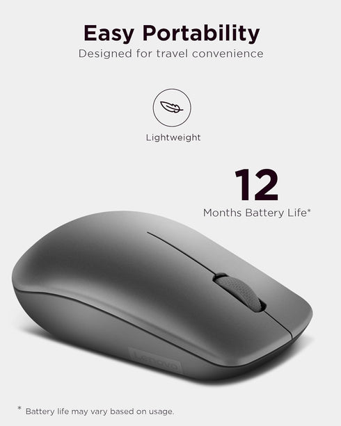 Lenovo 530 Full Size Wireless Computer Mouse for PC and Laptop, 2.4 GHz Nano USB Receiver, Ambidextrous Design,