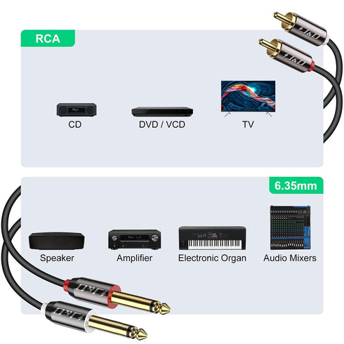 1/4 2X6.35mm 20 J&D to RCA Cable, Gold Plated Copper Shell Heavy Duty TS to Dual RCA Stereo Audio Interconnect Cord