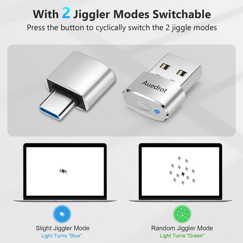 Mouse Jiggler Undetectable Metal USB Mouse Mover with Switch Button, Automatic Mini Mouse Shaker with 2 Jiggle Modes, Driver-Free, Plug & Play, Keep Computer/Laptop Awake, with USB-C Adapter, Silver