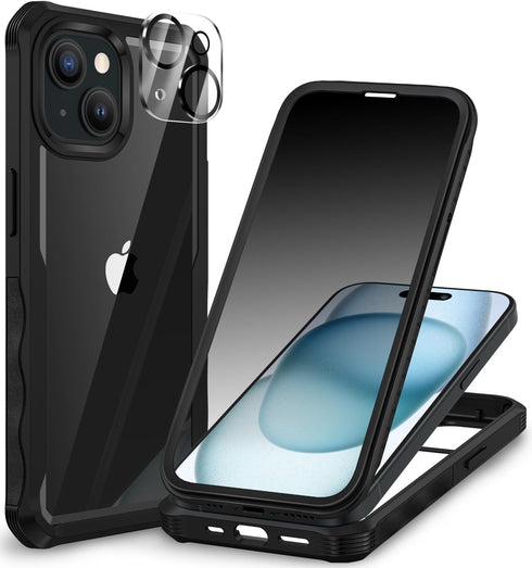 CENHUFO iPhone 15 Case, Built-in Anti Peep Tempered Glass Privacy Screen Protector, Shockproof Clear Cover - Black