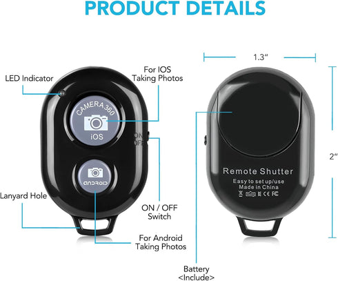 2 Pack Wireless Camera Remote Control for iPhone & Android Phones, Clicker for Photos & Videos - Pink & Purple