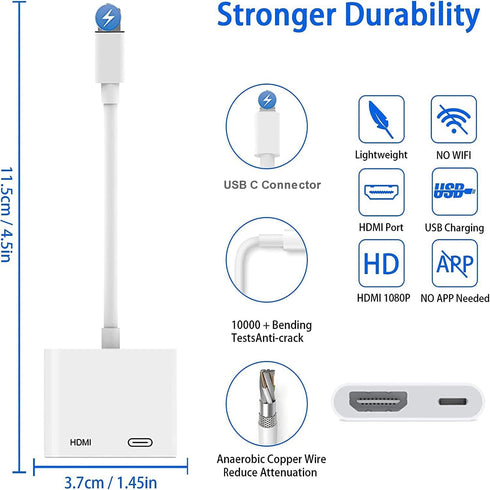 USB C to HDMI Digital AV Adapter for iPhone 15,1080P Video & Audio Sync Screen Converter AV Adapter with Charging Port for iPhone 15Pro/Max,MacBook Pro/Air 2023,iPad Pro,iMac,S23,XPS 17,Surface Book 3