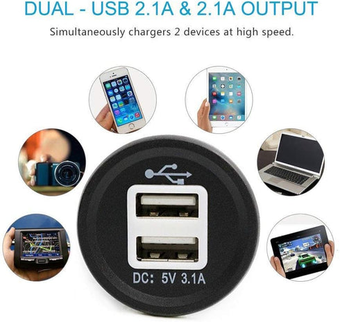 Onwon Dual USB Power Adapter Charger Socket Waterproof Power Outlet 5V 2.1A & 1A for Car, Boat, Marine, RV, Truck.
