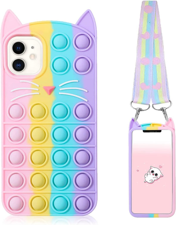 Fidget Pop Phone Case for iPhone 11, Stress Relief Push Pop Bubble Design, Soft Silicone Cover for Kids, Cat