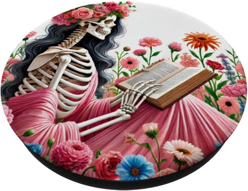 PopSockets Standard PopGrip - Skeleton Reading Book, Skull Reader Girl, Skeletal Librarian