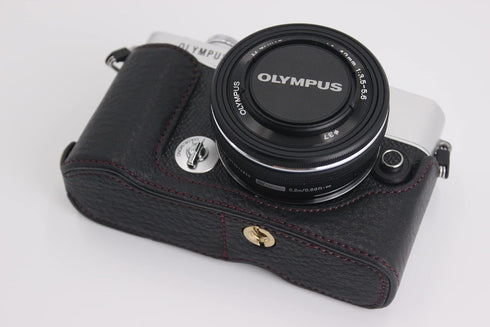 E-P7 Case, BolinUS Handmade Leather Half Camera Bag for Olympus Pen E-P7, Bottom Opening Version, Black
