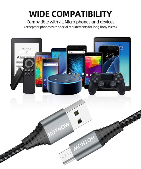 1ft Micro USB Cable 3-Pack, Nylon Braided Fast Charger for Samsung Galaxy S7, S6, Note 5, PS4 & More.