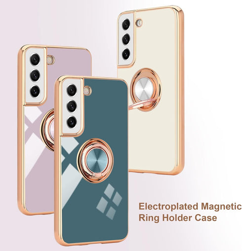 Samsung Galaxy S21 Case Compatible, Grey Finger Ring Holder with Rose Gold Plating Design, Rotating Kickstand