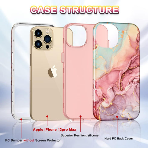 Btscase Rose Gold Marble Pattern Case Compatible with iPhone 13 Pro Max 6.7 Inch 2021, Heavy Duty Shockproof Full Body