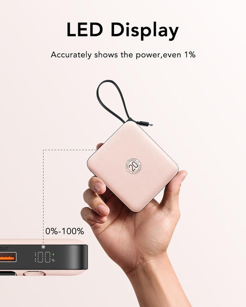 VRURC 22.5W 10000mAh Pack 17 16 S26 S25 Pink(1 Pack) Portable Charger for iPhone Built-in Cables, USB C Fast Charging