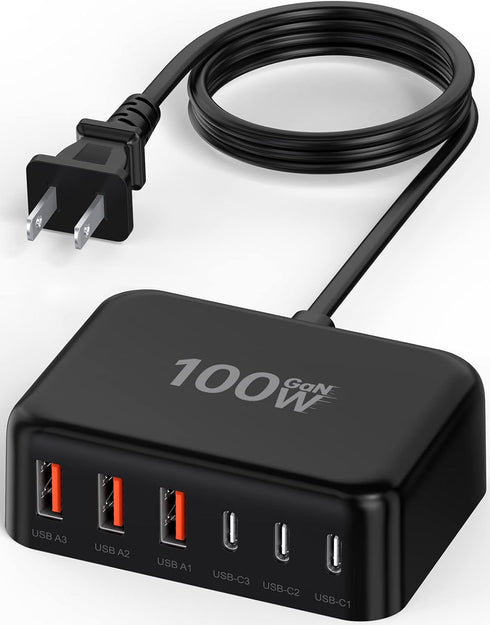 USB C Charger Block, 100W GaN 6 Port PD USB C QC USB A Wall Charger Adapter Plug Cube, Super Fast Charging Station Hub