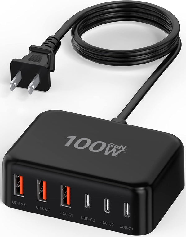 USB C Charger Block, 100W GaN 6 Port PD USB C QC USB A Wall Charger Adapter Plug Cube, Super Fast Charging Station Hub