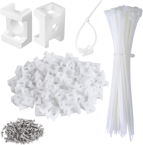 100 Pcs Cable Zip Tie Saddle Type Mounts with 8" Cable Ties and Tapping Screw, White