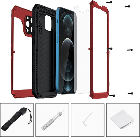 Mitywah Heavy Duty Waterproof Case for iPhone 12 Pro, Shockproof with Built-in Screen Protector, 6.1 Inch, Red