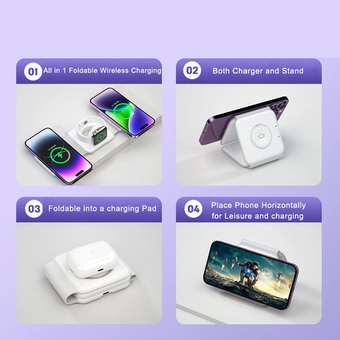 3 in 1 Magnetic Foldable Wireless Charger, Travel Charging Station for Multiple Apple Devices, Adapter Not Included