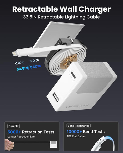 Gitryin 40W 33.5in iPhone14/13/12, Portable Charger Block, Retractable Wall Charger, PD Fast Charging Block