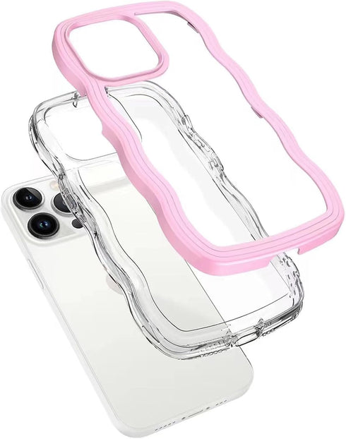 iPhone 15 Plus Case (Pink) - Clear Cute Curly Wave Frame Shape Shockproof Soft Protective Cover for Women