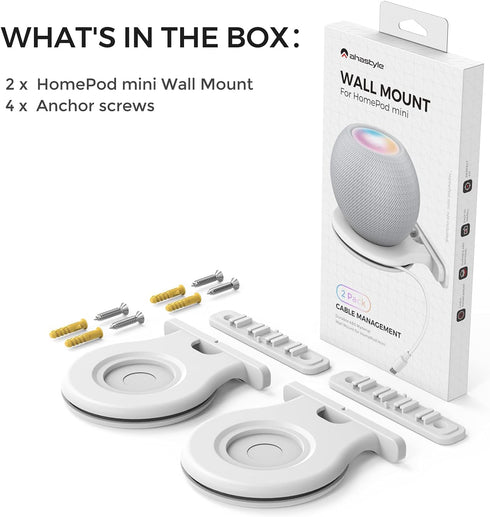 AHASTYLE iHomePod Mini Wall Mount Holder, ABS Stand with Built-in Cord Management (White-2pcs)