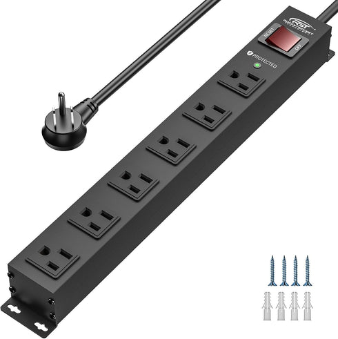 CRST 6 Outlet Heavy Duty Power Strip with Switch, 15A/1875W Metal Mountable Power