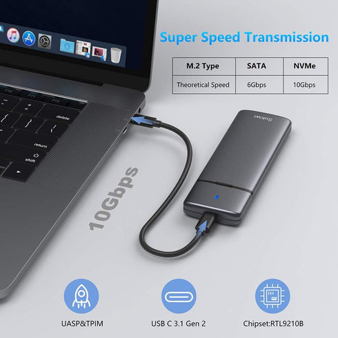 M.2 NVMe SATA SSD Enclosure Adapter, Tool-Free USB 3.2 Gen2 10Gbps External NVMe to USB PCI-E SATA