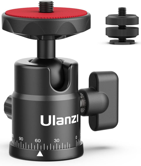 Mini Ball Head, ULANZI H28 Panoramic Tripod Head + Dual Hot Shoe Mount DSLR Camera Adapter