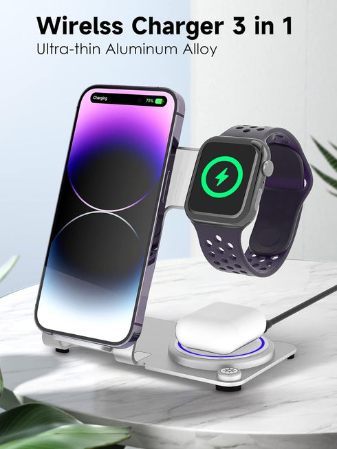 3 in 1 Wireless Charger, Aluminum Alloy Fast Charging Stand for iPhone 15/14/13/12/11, iWatch, AirPods Pro, Silver