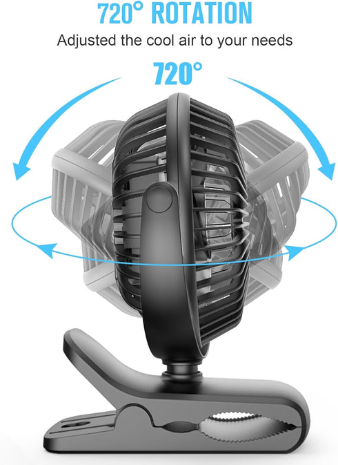 HONYIN 720° Rotation Small Desk Clip-on Fan, 3 Speeds Quiet Personal Cooling Fan for Bedroom and Office